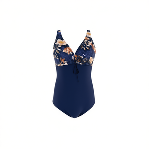 HDJ Plus Size One Piece Swimsuit Navy Blue Floral Print Deep V Neck <b>Tummy</b> <b>Control</b> High Waist Women's Swimwear BZ77100 - Product Image 2