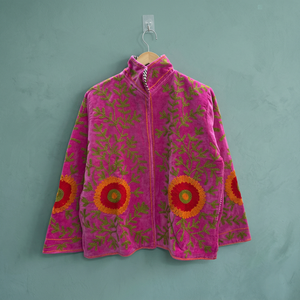Handmade <b>Velvet</b> Suzani Embroidered Jacket for <b>Women</b> Floral Pattern Zip Up Short <b>Coat</b> Boho Outerwear - Product Image 3