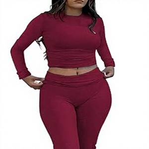 Ensemble de yoga deux pièces bordeaux pour femme, legging taille haute, crop top à manches trois quarts, grande taille, vêtements de sport extensibles - Product Image 1