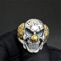 Bague ajustable en argent sterling 925 bicolore avec crâne Joker, style rétro sculpté, pour homme, punk, hip-hop, bijoux fins