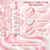 Lotion corporelle rose et blanche à double tourbillon, texture crème bicolore visible, soin hydratant doux et emballage haut de gamme