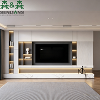 Meuble TV mural intégré SLS moderne et minimaliste, panneau cannelé rétroéclairé par LED, base en marbre, meuble multimédia sur mesure