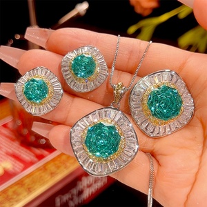 Fashion Eco-friendly Copper Gold Plated 14-10mm Paraiba Green Zircon Floral Necklace <b>Earrings</b> Ring <b>Set</b> Personalized Jewelry <b>Sets</b> - Product Image 3
