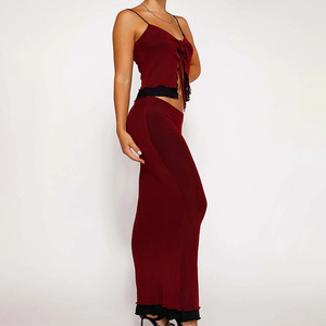 Ensemble deux pièces pour femmes, robe longue dos nu croisée, couleur contrastée, costume décontracté en polyester FD9818 - Product Image 3