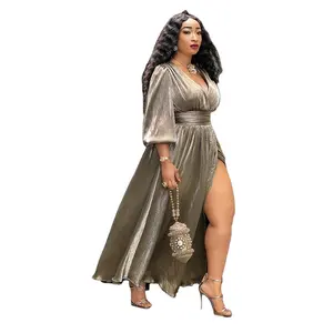 Custom 2022 New Design Bronzing Plus Size Women's Dress Lantern Long Sleeve Oversized Maxi Dress