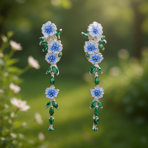 Pendientes de flor azul E2014 para mujer, con engaste de aleación, joyería de fiesta, piedra azul talla marquesa, chapado en zinc - Product Image 2