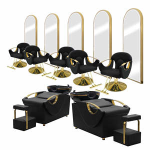 Sillón de Lavado para Salón de Belleza Black Gold, Estación de Lavabo con Estructura de Acero Inoxidable y Tapicería de Cuero PU, Mobiliario para Peluquería - Product Image 1