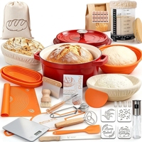 Kit de fabrication de pain artisanal avec cocotte hollandaise rouge, pot de fermentation et racloir à pâte – Coffret cadeau complet pour la cuisson au levain