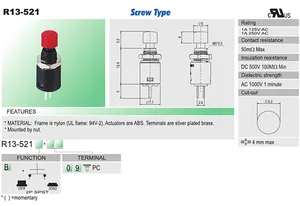 SCI Taiwan Open Button Push Switch R13-521B 5.2MM PCB Pin 1NO1NC Combination Max Voltage 250V