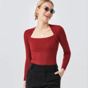 맞춤형 OEM 여성 패치 워크 디자인 얇은 긴팔 스퀘어 넥 니트 솔리드 컬러 스웨터 캐주얼 2 1 기본 스웨터