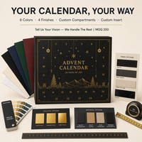 Boîte de calendrier de l'avent personnalisée, 24 jours, carton rigide de luxe, fermeture magnétique, doublure en éponge biodégradable, lamination mate, format livre