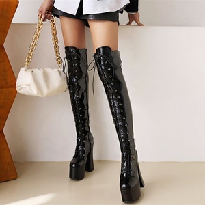 Patent Black Warm Comfortable High Heel Shoes Chunky Heel Platform Women Over the Knee <b>Boots</b> Front Lace-up Size Zipper - Product Image 4