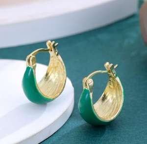 Pendientes de tuerca geométricos de aceite de goteo rojo y verde chapados en oro estilo Hoc de moda con ajuste de bisel hecho de aleación de zinc - Product Image 2