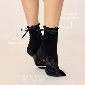 Ruffle Edge Pilates <b>Grip</b> <b>Socks</b> <b>Custom</b> Logo Non Slip Yoga <b>Socks</b> Satin Bow Design OEM Manufacturer - Product Image 3