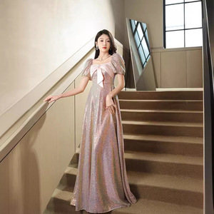 Pink Sequined Evening Dress A-Line Empire Waist Bow Neckline Satin Fabric For Coming Of Age Ceremony And Vocal Exam - Product Image 1