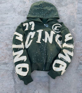 Felpa da Uomo Effetto Invecchiato con Cappuccio Patch Ricamato Personalizzato Strass Cerniera Lavaggio Acido Vintage French Terry Streetwear per l'Inverno - Product Image 1