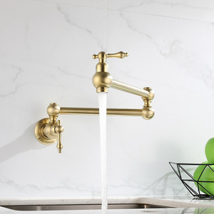 Classic Brass Single-hole Wall-mounted Pull-out Kitchen Basin Faucet Brushed Gold and <strong>Black</strong> Finish Dual Handle Foldable <strong>Taps</strong> - Product Image 2