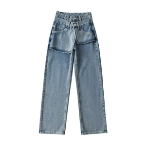 Pantalones de cintura alta con doble bolsillo Y2K, ropa de calle, pantalones vaqueros lavados de pierna recta para mujer - Product Image 1