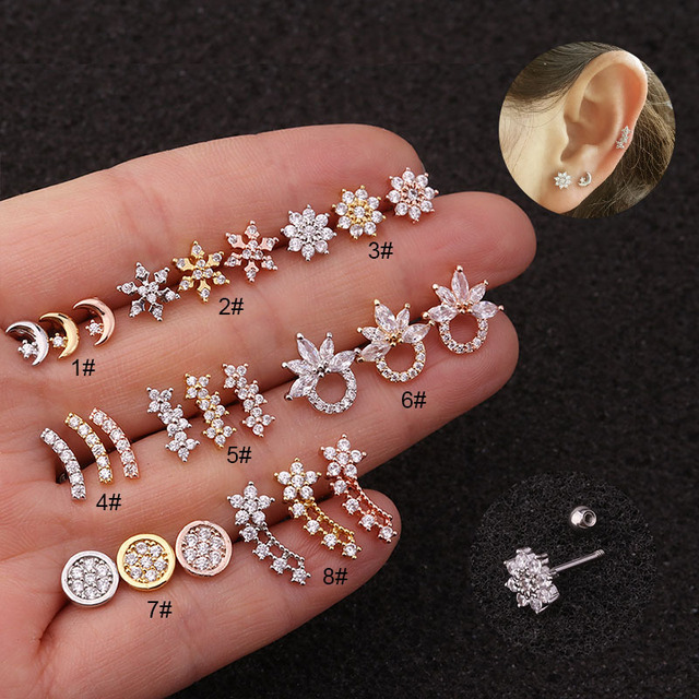 Trendy 18K Gold Plated Stainless Steel Cubic Zirconia Cartilage Stud Helix Earrings for Anniversary