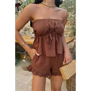 ชุดกางเกงขาสั้นมีฮู้ด 2 ชิ้น สีน้ำตาล ชุดเข้าชุดสำหรับฤดูร้อน - Product Image 4