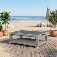 Table basse moderne OSMEN Laval à plateau relevable, plateau en verre, structure en aluminium, rotin, réglable en hauteur, mobilier d'extérieur