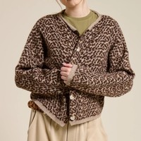 Pull cardigan en tricot à imprimé léopard doux pour femmes, décontracté, automne, logo personnalisé, vente en gros, fabricant de hauts à manches longues