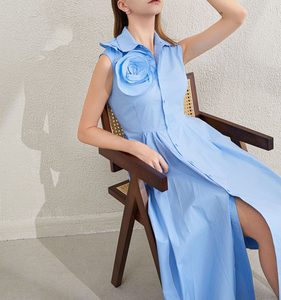 <span class=keywords><strong>Abito</strong></span> a trapeazione blu personalizzato da donna senza maniche con bottone frontale con risvolto estivo Casual lunghezza Midi in cotone e <span class=keywords><strong>lino</strong></span> naturale - Product Image 5