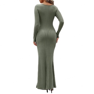 Vestidos de punto acanalado de manga larga con cuello cuadrado y dobladillo de cola de pez de color liso, estilo temperamental, para mujer, novedad 2024, personalizados al por mayor - Product Image 3