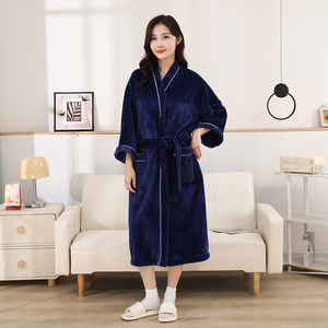 เสื้อคลุมอาบน้ำผ้าสักหลาดสำหรับผู้ชายและผู้หญิงคอปกสีทึบยาวดูดซับสำหรับผู้<span class=keywords><strong>สูงอายุ</strong></span>ชุด<span class=keywords><strong>นอน</strong></span>ของผู้หญิง - Product Image 4