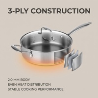 Poêle à frire profonde en acier inoxydable 3 plis de 24 cm avec couvercle en verre, compatible induction, pour la maison et la restauration (vente en gros)