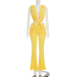 Viviblook J26JP194 Mono de verano para mujer, nuevo, de color sólido, informal, sexy, sin mangas, con capas cruzadas y cuello bajo - Product Image 1