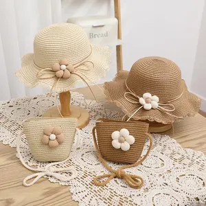 Summer Straw bag for kids Cute Flower Bag and Hat Set Sun Bucket Hat