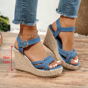 Nouvelles sandales compensées à plateforme pour femmes, style été, semelle épaisse en jean, grandes sandales romaines tissées, vente en gros - Product Image 6