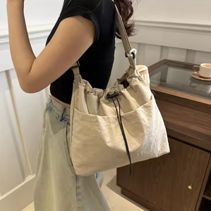 Women's fashion handbag <b>waterproof</b> nylon pleated shoulder <b>bag</b> travel casual <b>drawstring</b> canvas crossbody <b>bag</b> shopping <b>bag</b> - Product Image 4