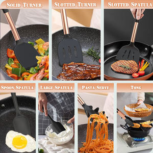 Ustensiles de cuisine, outils de cuisine, ensemble d'ustensiles de cuisine en silicone noir avec manche en acier inoxydable rose gold - Product Image 3