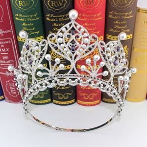 Diadema di perle di cristallo di lusso grande corona regolabile in lega completa rotonda alla moda accessorio per capelli corona di diadema - Product Image 4