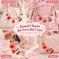 Breloque de sac Kawaii Fraise Cerise Cœur, Chaîne Plaqué Or, Fermoir à Ressort Cœur, Pendentif Porte-clés Décoratif pour Sac à Dos Femme