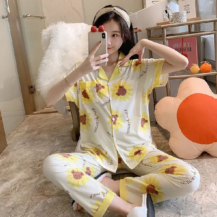 Летняя одежда для сна, домашняя одежда, пижамный комплект из 2 предметов, Пижама для девушек «Таблетка», Женская пижама с коротким рукавом, мультяшная Пижама, женская одежда для сна в Корейском стиле