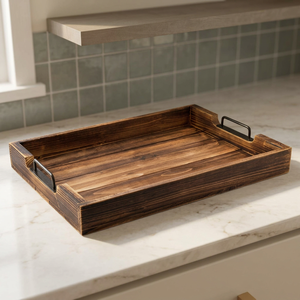 Plateau de service rectangulaire en bois fait main, finition polie, qualité supérieure, design moderne européen et américain, compatible lave-vaisselle et micro-ondes - Product Image 1