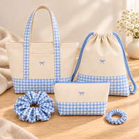 Sac fourre-tout personnalisé en toile à carreaux avec chouchous assortis, ensemble cadeau en gros, sac boutique à logo brodé à carreaux