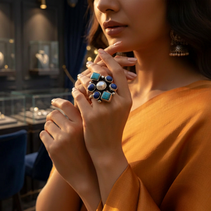 925 Sterling Silver Statement <b>Ring</b> for Women Turquoise and Zircon with Radiant Cut Rhodium Plated Gemstone Inlay Technology - Product Image 1