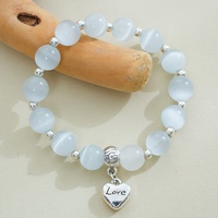 Bracelet œil de chat avec pendentif cœur d'amour, perle argentée gravée rose, breloque pierre bleu clair, cadeau
