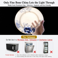 Service d'assiettes de luxe en porcelaine fine bleue et blanche avec bord doré, plusieurs tailles disponibles, assiettes de présentation, assiettes à salade et assiettes à pain pour mariages, hôtels et banquets