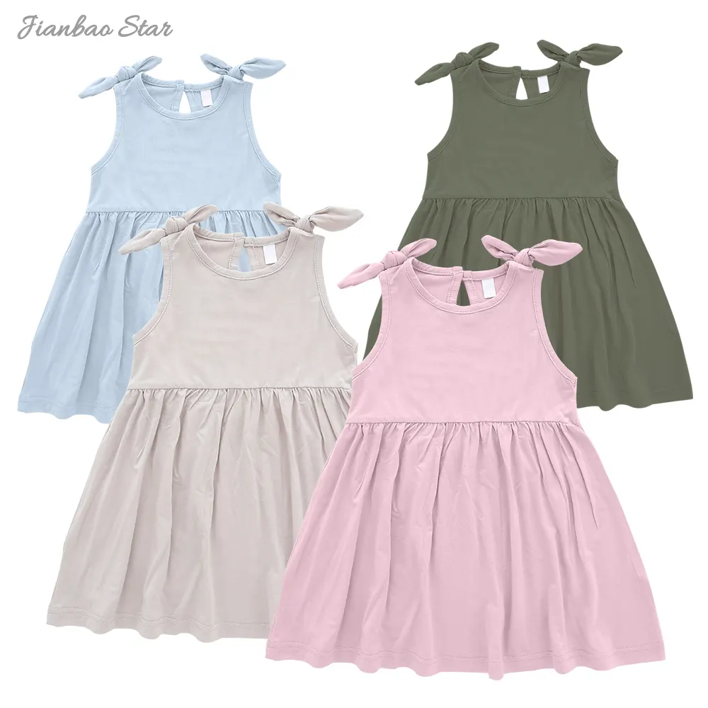 Hermoso patrón sólido estilo casual vestido de bambú para niños vestidos suaves y cómodos con lazos de tela Primavera Verano niñas bebés