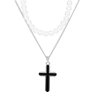 Men's Double Layer Necklace New Fashion Pearl Beaded Black Cross Pendant Jewelry Layer Necklaces Wholesale