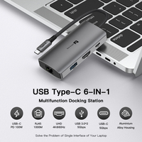 UNIEAN grosir Usb C Hub 3.0 Tipe c 6 Porta Hub ke RJ45 UHD 4k adaptor stasiun Dok Tipe C Usb 6 in 1 Hub untuk Macbook Pro