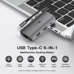 UNIEAN Venta al por mayor <span class=keywords><strong>Usb</strong></span> C Hub 3,0 Tipo C 6 Portas Hub a RJ45 UHD 4K Adaptador Estación de acoplamiento Tipo C <span class=keywords><strong>Usb</strong></span> 6 en 1 Hub para <span class=keywords><strong>Macbook</strong></span> <span class=keywords><strong>Pro</strong></span> - Product Image 2