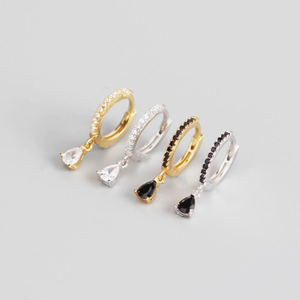 Boucles d'oreilles en argent sterling 925 pour femmes, style luxueux, goutte d'eau, zircone verte, cristal noir - Product Image 3