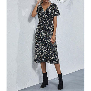 Elegante Vestido de Fiesta para Mujer, Cuello en V, Largo hasta la Rodilla, Color Sólido en Contraste, Manga Corta, Transpirable, Ligero, Ecológico y Lavable - Product Image 1