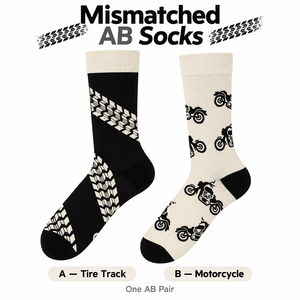 Chaussettes mi-mollet asymétriques style AB, imprimé moto et <span class=keywords><strong>pneu</strong></span>, deux motifs différents, tricotées, conception personnalisée OEM - Product Image 2